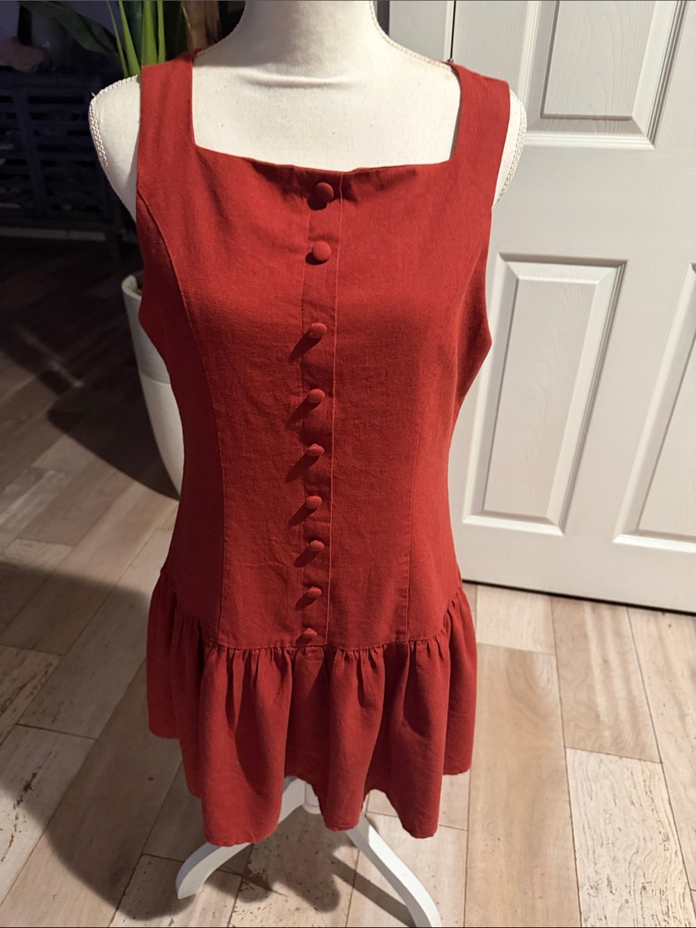 Wayf Rust Red Sleeveless Midi Dress with Button Front